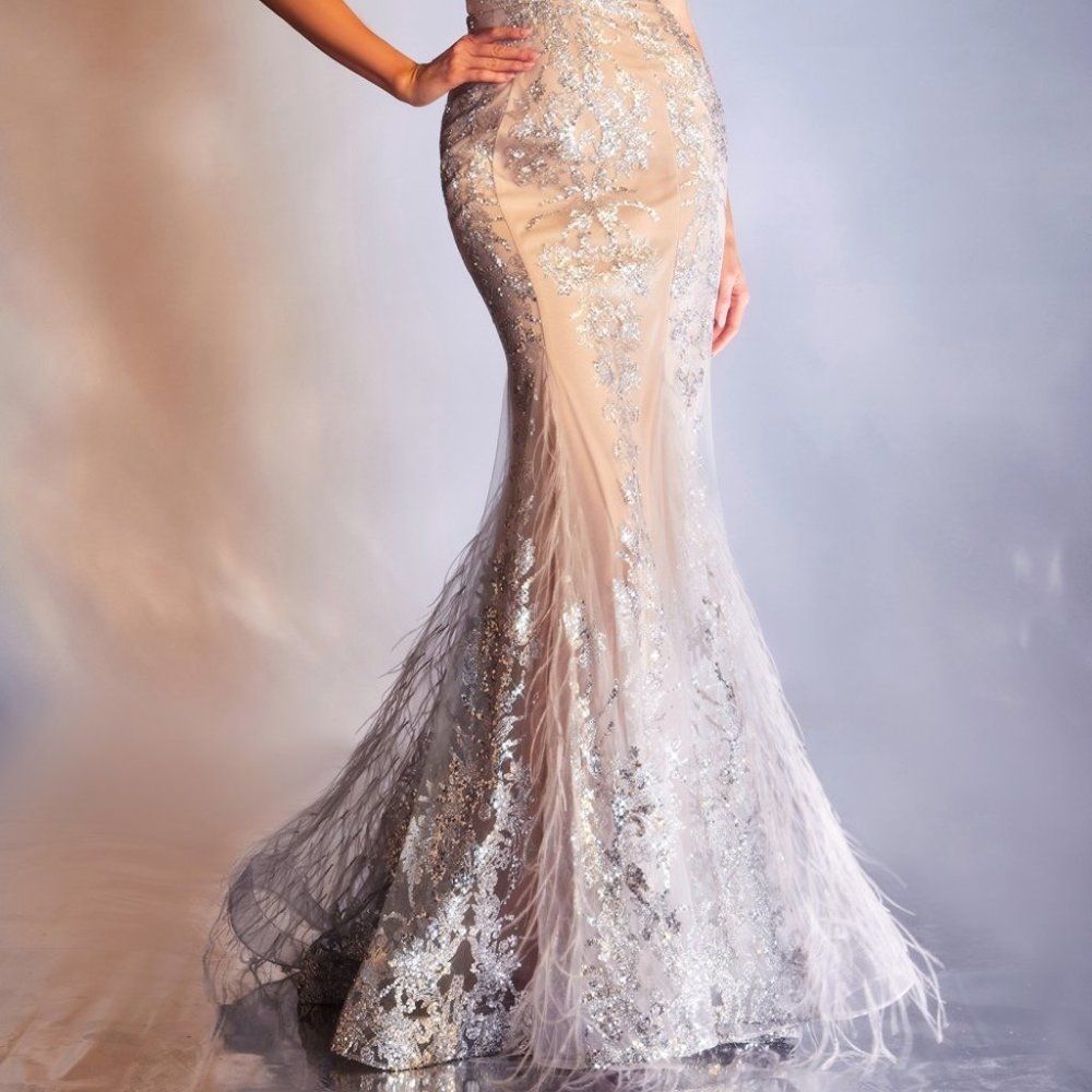 SILVER/NUDE FEATHERED MERMAID PROM PARTY LONG MAXI  EVENING GOWN DRESS CDC57 - Picture 9 of 10